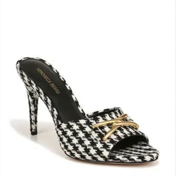 Veronica Beard Houndstooth black white gold hardware Leather Sandals NEW - Picture 1 of 5